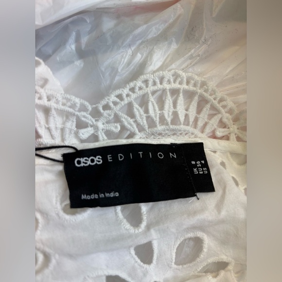 ASOS EDITION V - Neck Eyelet Midi Dress with puff sleeve in White Size 4 NWT - Picture 12 of 15